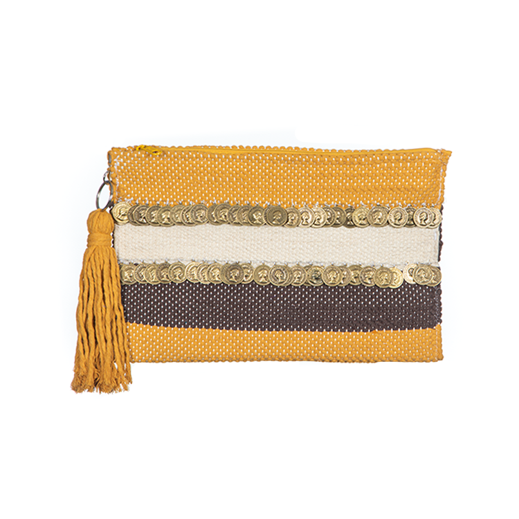 Mustard Yellow Coins zipper Striped Clutch