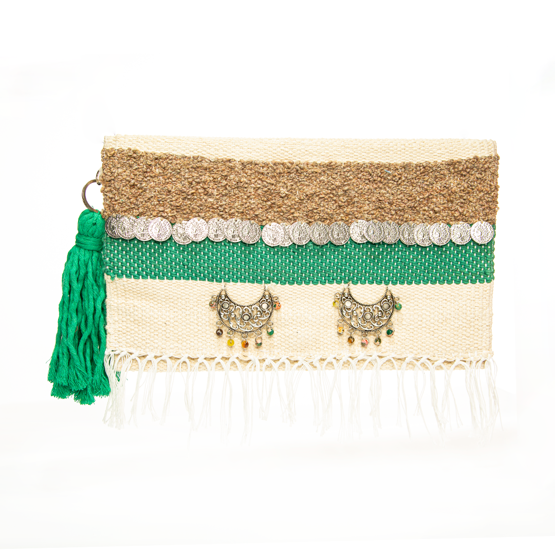 Emerald Green & Natural Cream Fringe Coins Flap Clutch