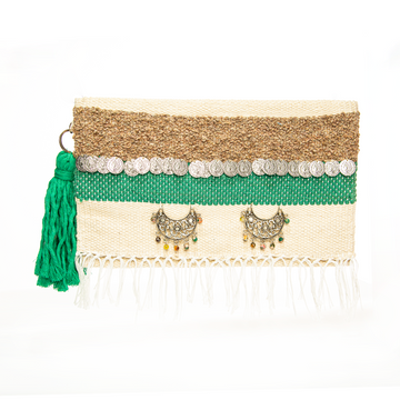 Emerald Green & Natural Cream Fringe Coins Flap Clutch