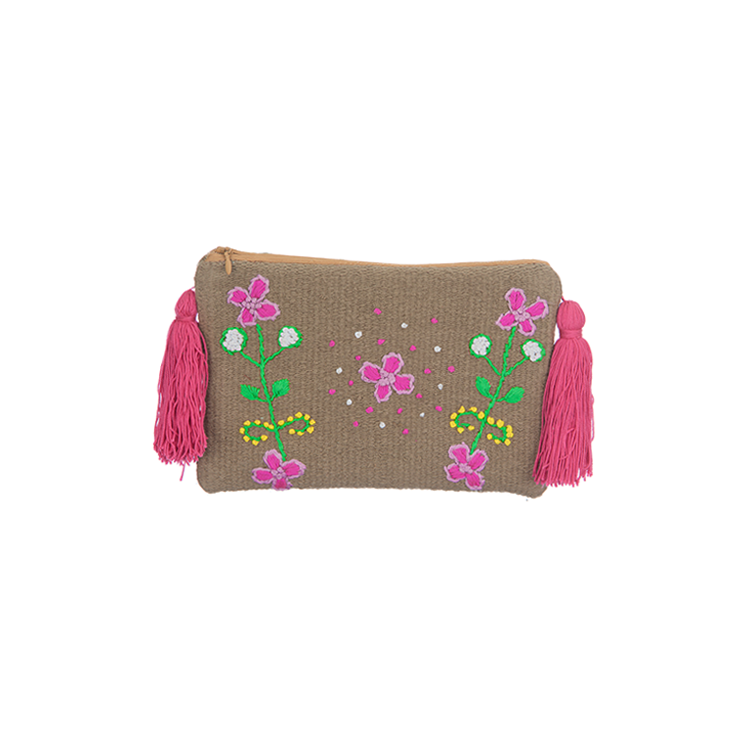 Khaki Floral Embroidered Clutch
