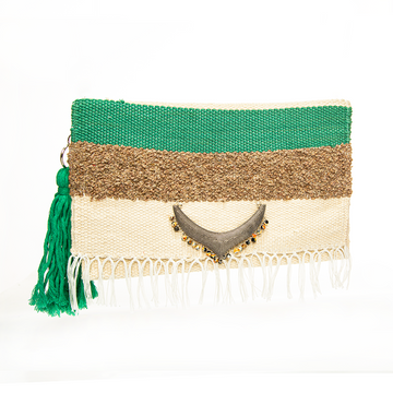 Emerald Green & Tan Fringe Clutch