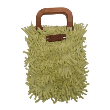 Boho Shag Tote Bag with Wooden Handle – Celery Green