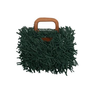 Boho Shag Square Tote Bag with Wooden Handle – Forest Green