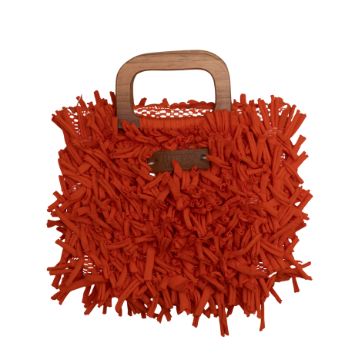 Boho Shag Square Tote Bag with Wooden Handle – Rust Orange