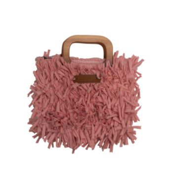 Boho Shag Square Tote Bag with Wooden Handle – Dusty Rose
