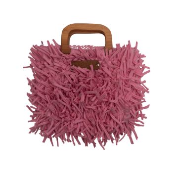 Boho Shag Square Tote Bag with Wooden Handle – Pink