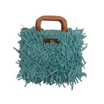 Boho Shag Square Tote Bag with Wooden Handle – Turquoise