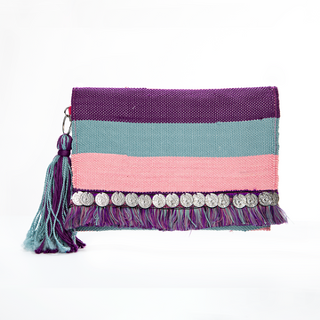 Purple, Teal & Pink Striped Coins Flap Clutch