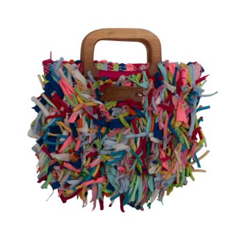 Boho Shag Square Tote Bag with Wooden Handle – Multicolor