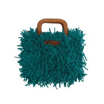 Boho Shag Square Tote Bag with Wooden Handle – Teal