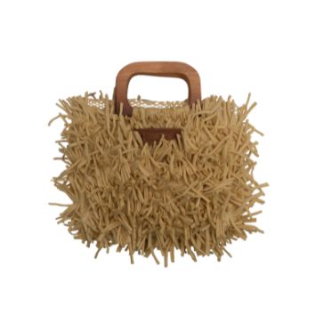 Boho Shag Square Tote Bag with Wooden Handle – Natural Beige