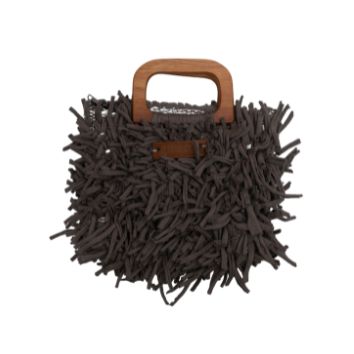 Boho Shag Square Tote Bag with Wooden Handle – Dark Brown