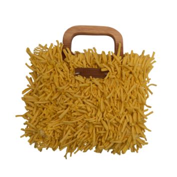 Boho Shag Square Tote Bag with Wooden Handle – Mustard Yellow