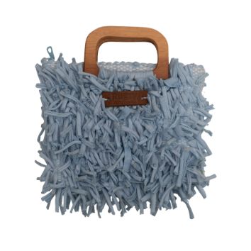 Boho Shag Square Tote Bag with Wooden Handle – Dusty Blue