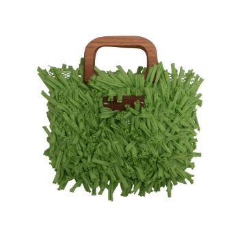 Boho Shag Square Tote Bag with Wooden Handle – Grass Green