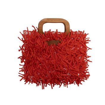 Boho Shag Square Tote Bag with Wooden Handle – Red