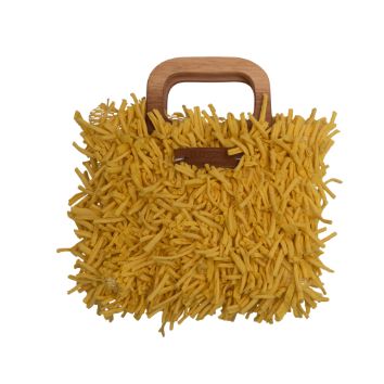Boho Shag Square Tote Bag with Wooden Handle – Golden Yellow