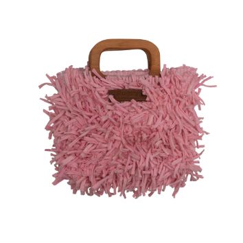 Boho Shag Square Tote Bag with Wooden Handle – Baby Pink