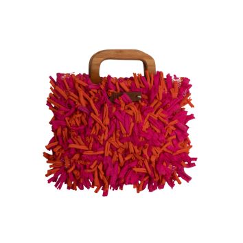 Boho Shag Square Tote Bag with Wooden Handle – Fuchsia & Orange