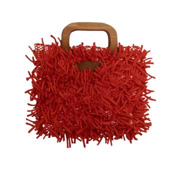 Boho Shag Square Tote Bag with Wooden Handle – Coral Red