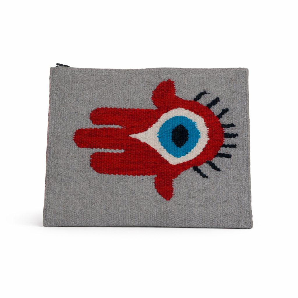 Grey Hamsa Hand Evil Eye Embroidered Clutch
