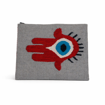 Grey Hamsa Hand Evil Eye Embroidered Clutch