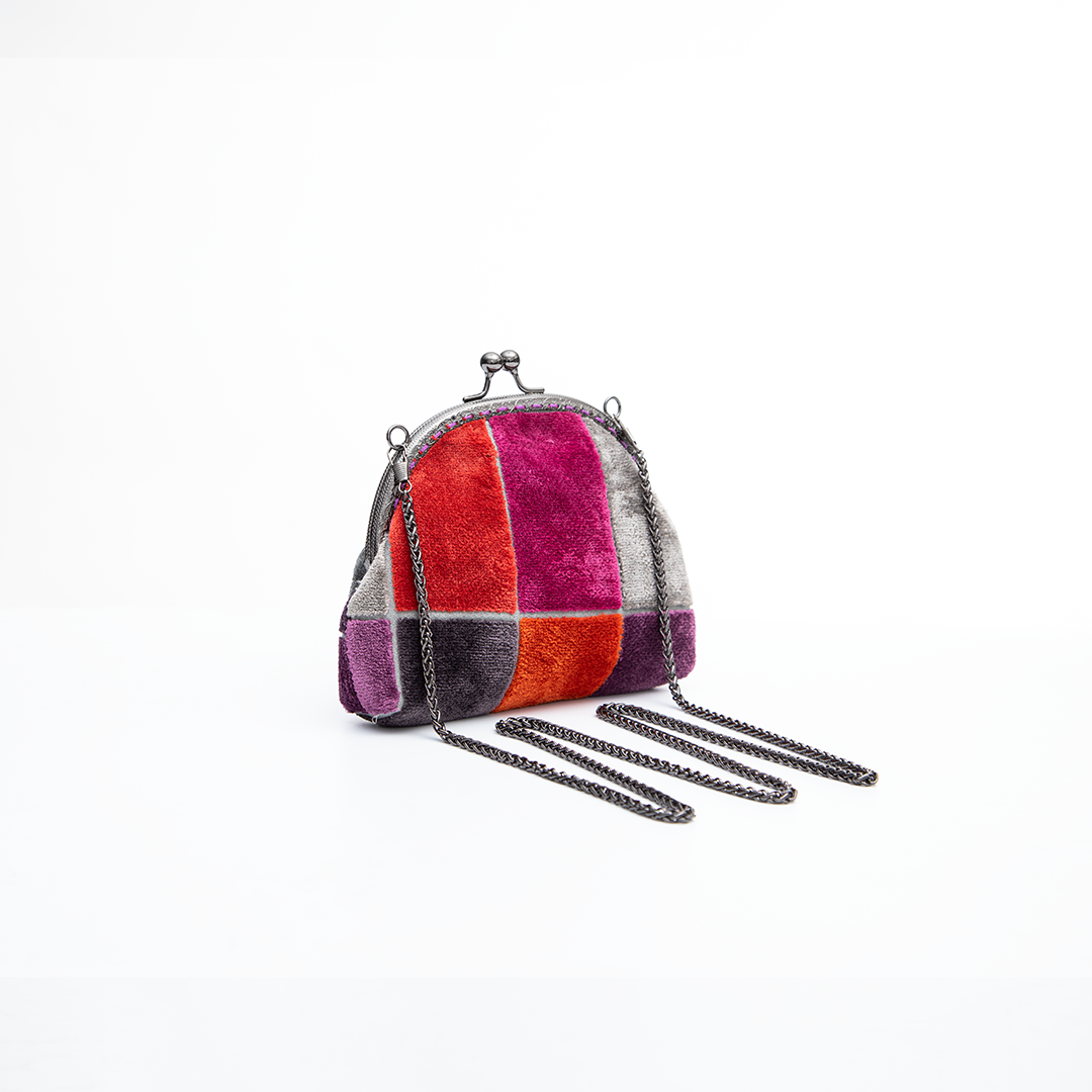 Chic Small Kiss-Lock Purse with Dark Silver Chain and Colorful Geometric Design