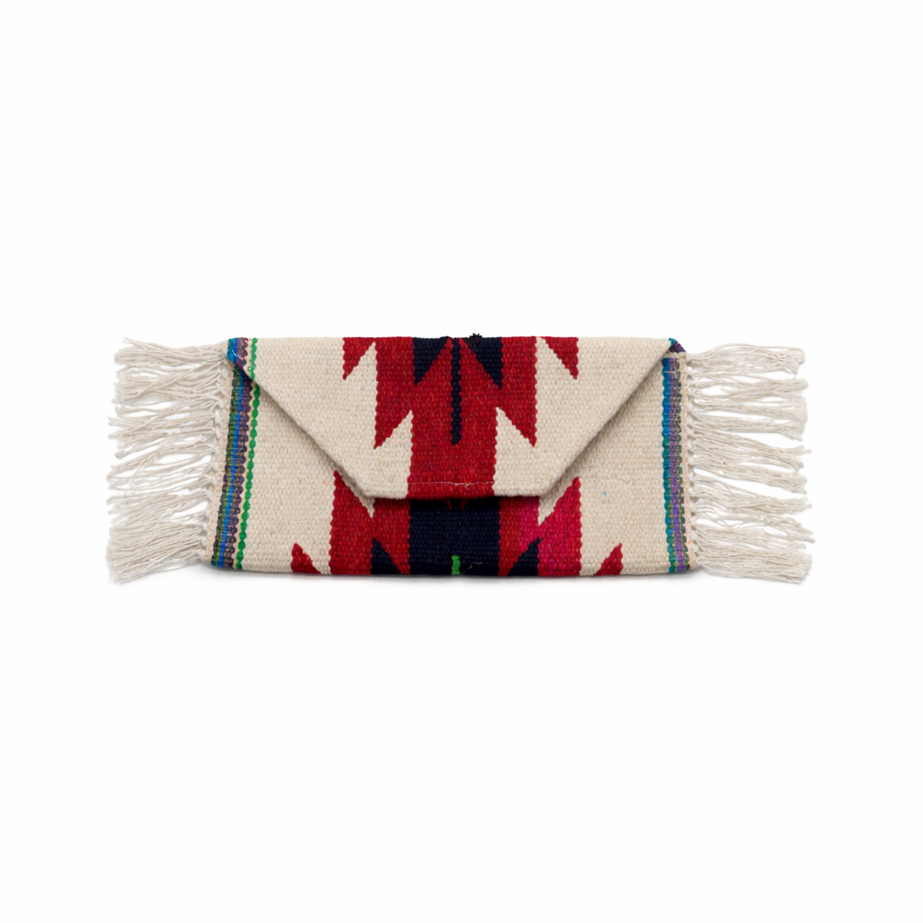 Cream & Red Aztec Geometric Sidefringe Flap Clutch