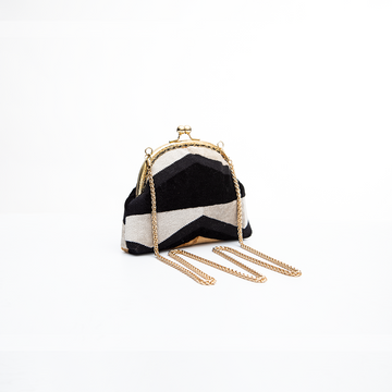 Elegant Black & Ivory Chevron Kiss-Lock Purse with Gold Chain