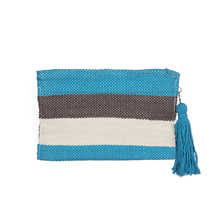 Turquoise Blue Coins zipper Striped Clutch