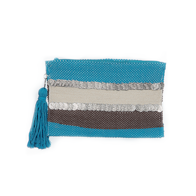 Turquoise Blue Coins zipper Striped Clutch