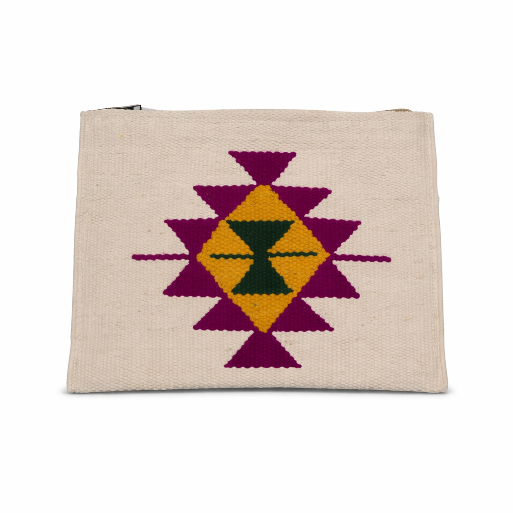 Title: Cream & Fuchsia Aztec Geometric Zipper Kilim Clutch