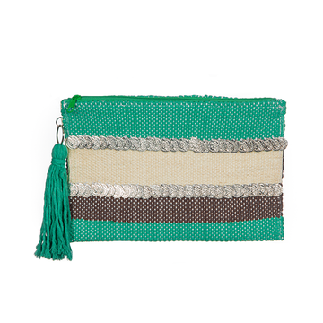Emerald Green Coins zipper Striped Clutch