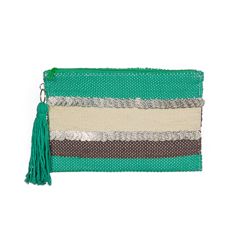 Emerald Green Coins zipper Striped Clutch