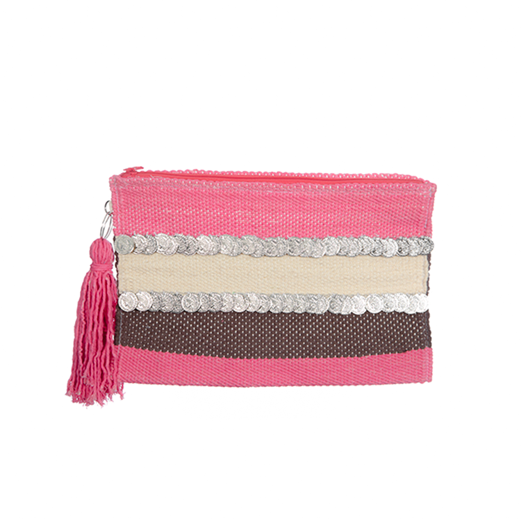 Hot Pink Striped Coins Flap Clutch