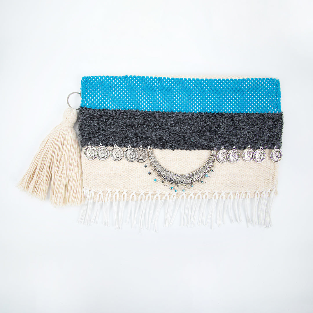 Turquoise & Cream coin flap Fringe Clutch