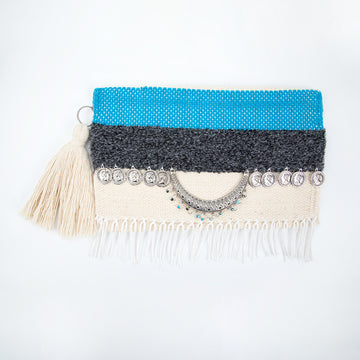 Turquoise & Cream coin flap Fringe Clutch