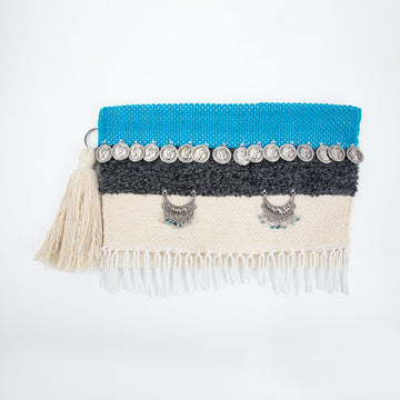 Turquoise & Cream Fringe Coins Flap Clutch