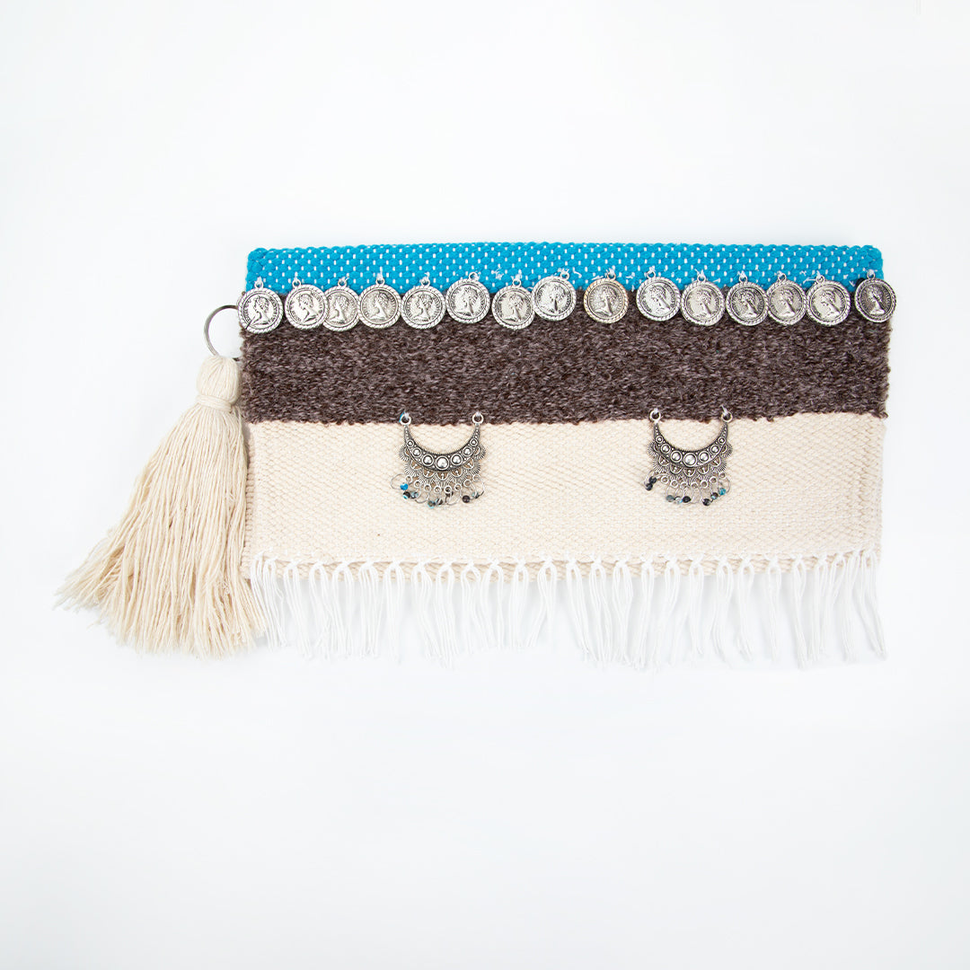 Turquoise & Brown Fringe Coins Flap Clutch