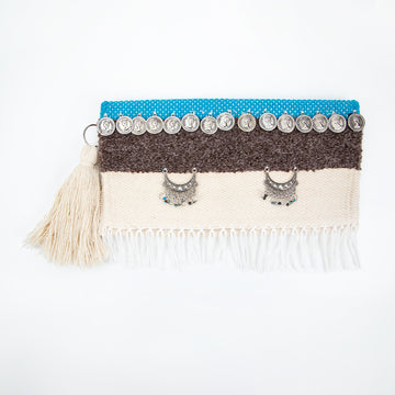 Turquoise & Brown Fringe Coins Flap Clutch