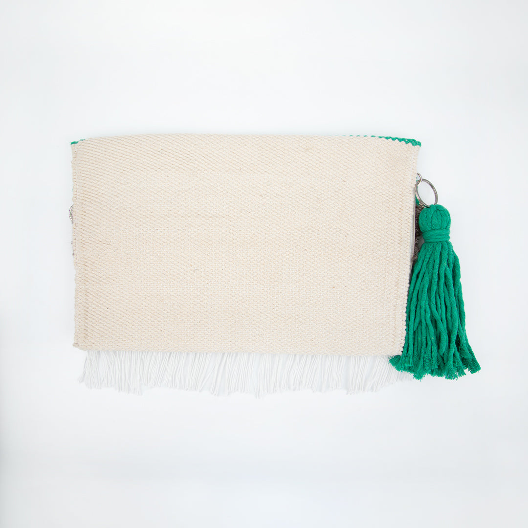 Emerald Green & Cream Fringe Coins Flap Clutch