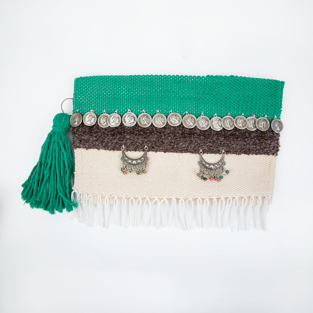 Emerald Green & Cream Fringe Coins Flap Clutch