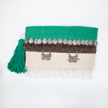 Emerald Green & Cream Fringe Coins Flap Clutch