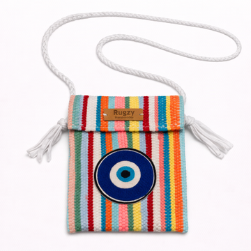 Hand-Loomed Crossbody Bag — Evil Eye | Rainbow Stripes - White Strap VII