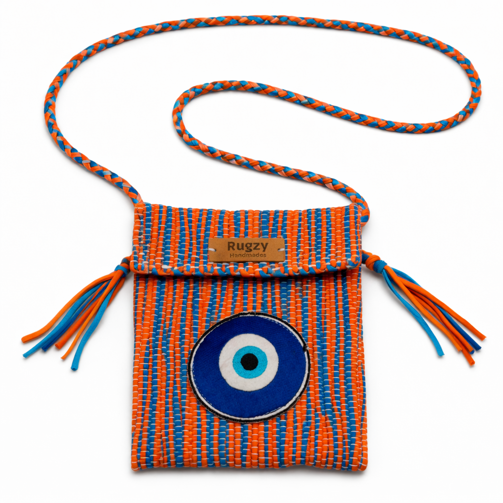 Hand-Loomed Wavy Crossbody Bag — Evil Eye | Orange & Blue wavy