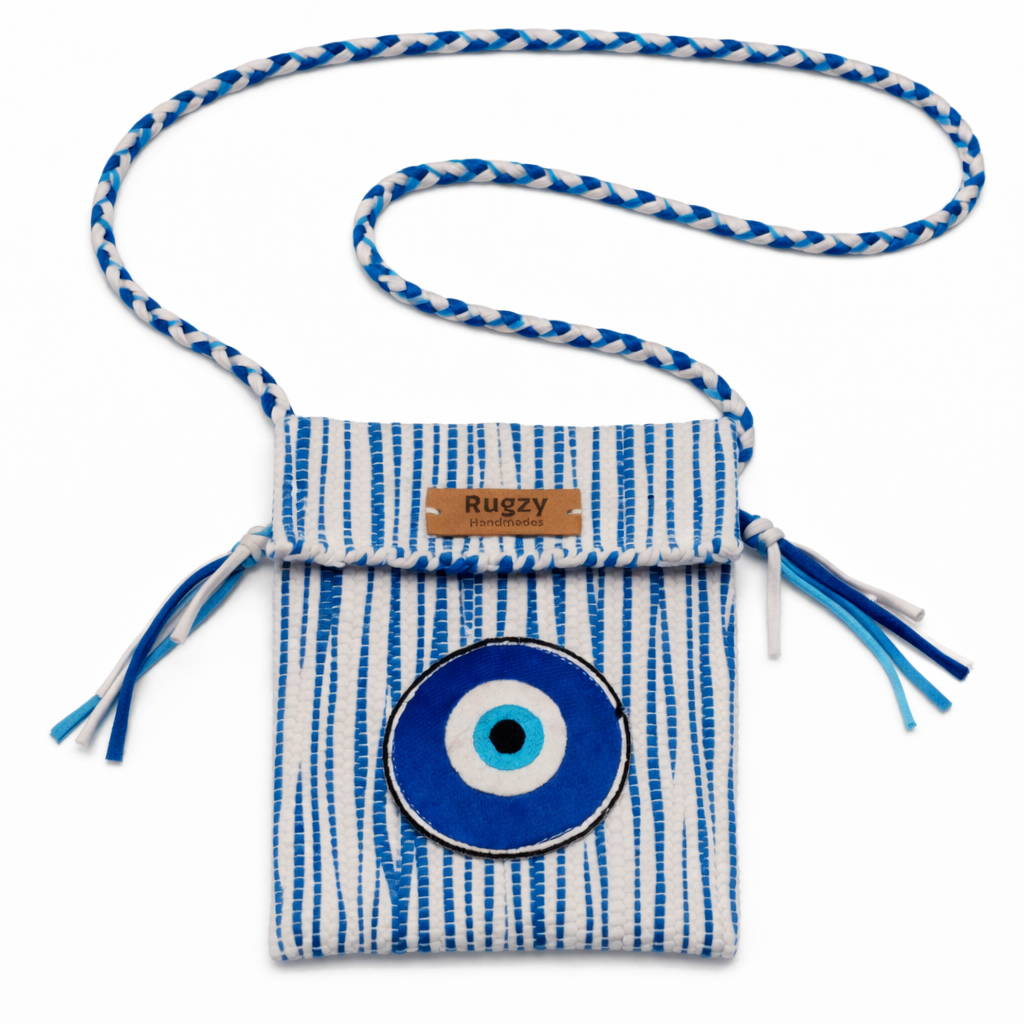 Hand-Loomed Wavy Crossbody Bag — Evil Eye | Blue & White wavy