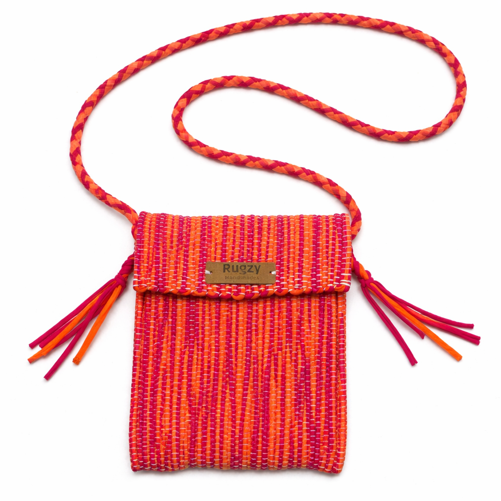Hand-Loomed Wavy Crossbody Bag | Orange & Fuchsia II — Red Strap
