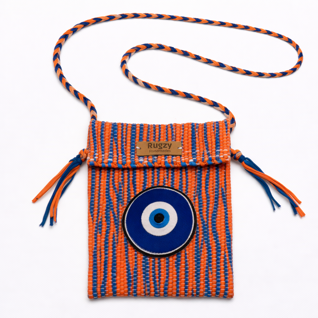Hand-Loomed Wavy Crossbody Bag — Evil Eye | Orange & Blue wavy II