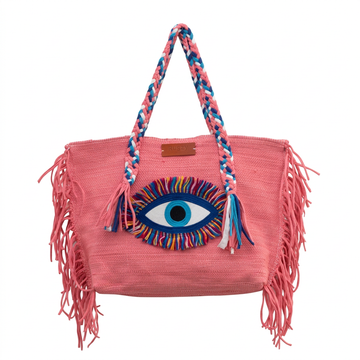 Coral Pink Evil Eye Fringe Beach Tote