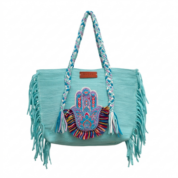 Aqua Mint Hamsa Hand Fringe Beach Tote